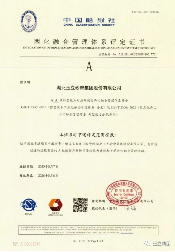 玉立集團順利取得兩化融合管理體系“A級”評定證書